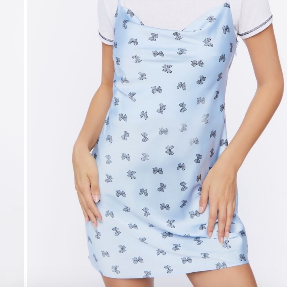 Forever 21 Women Blue Bow Print Satin Slip Mini Dress - Picture 11 of 11